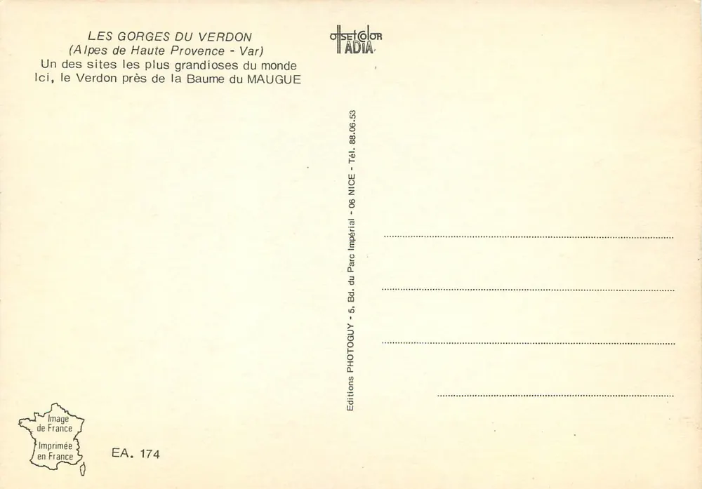 Les Gorges du Verdon — Alpes de Haute Provence - Var — Editions Photogolor ADIA, série EA. 174 - Verso
