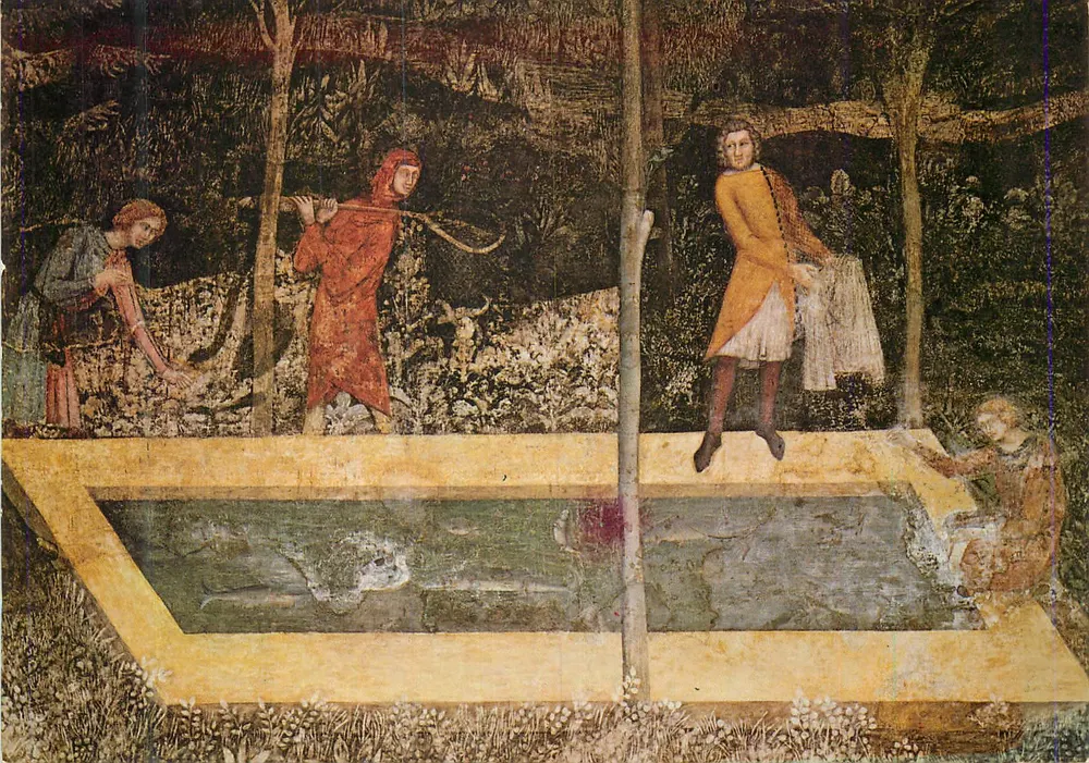 Avignon - Palast der Päpste — Zimmer des Rehens: 'Fischen' — Fresko von Matteo Giovanetti (1343) - Vorderseite