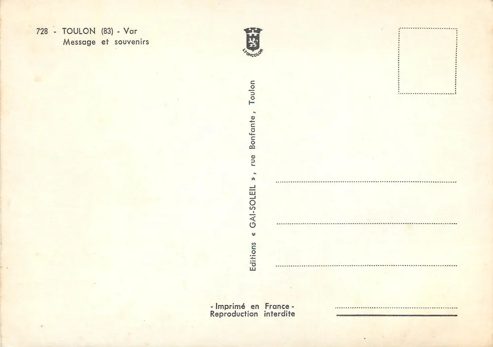 Toulon - Côte d'Azur — Dekoracyjny telegram — Wydawnictwo Gai-Soleil - Rewers