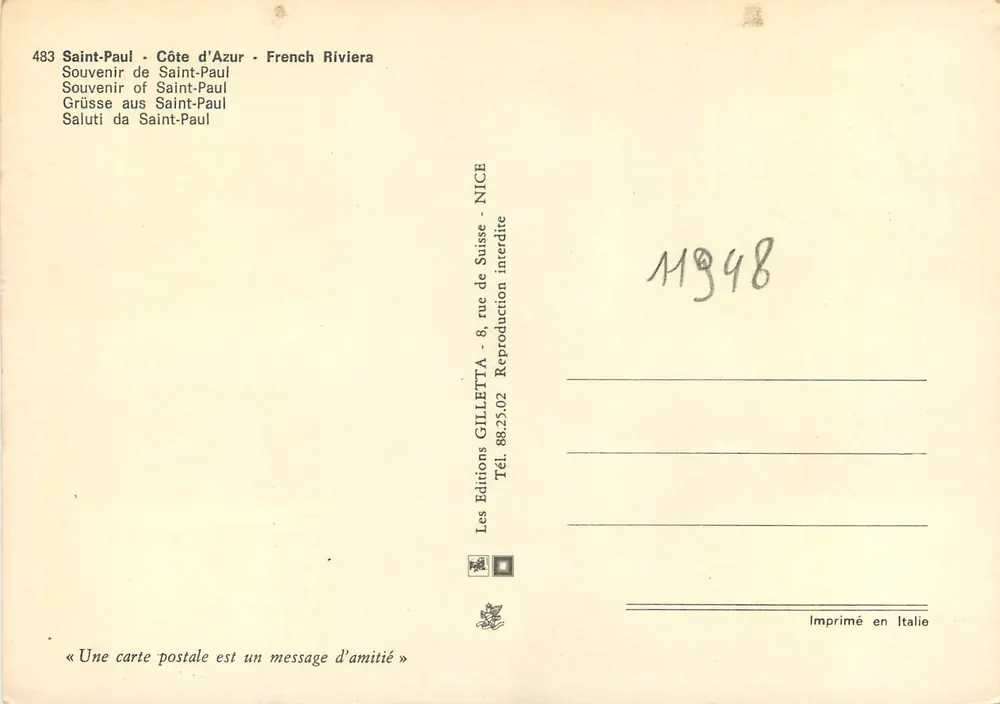 Saint-Paul - Côte d'Azur - Verleger GILLETТА - n°483 - Rückseite