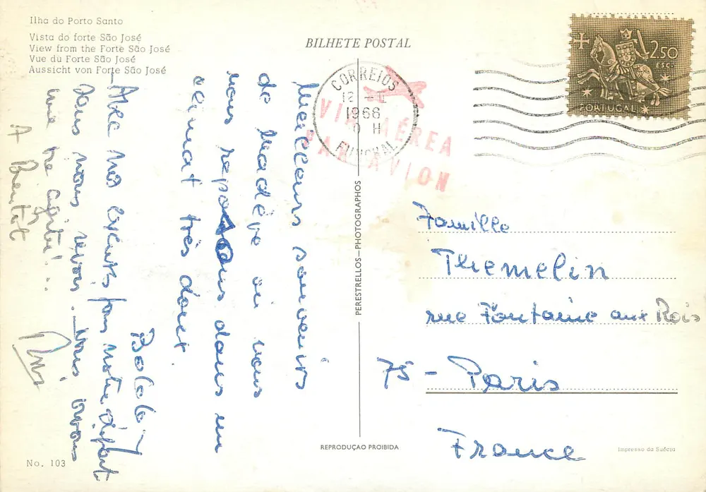 Ilha do Porto Santo — Vista do Forte São José — Bilhete Postal n° 103, éditeur Perestrellos - Verso
