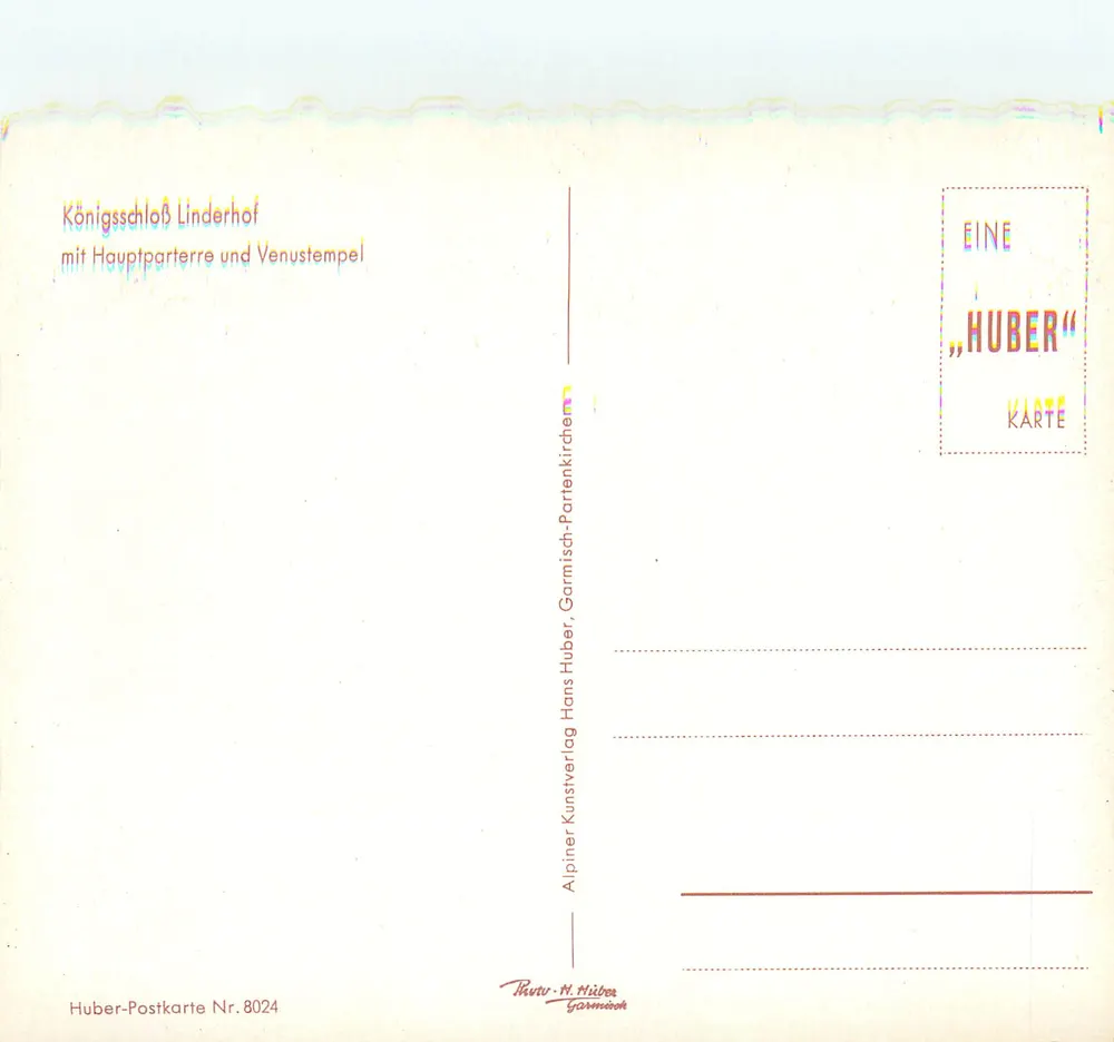 Königsschloß Linderhof — avec la Hauptterre et le temple de Vénus — Alpiner Kunstverlag Hans Huber, Garmisch-Partenkirchen, n° 8024 - Verso