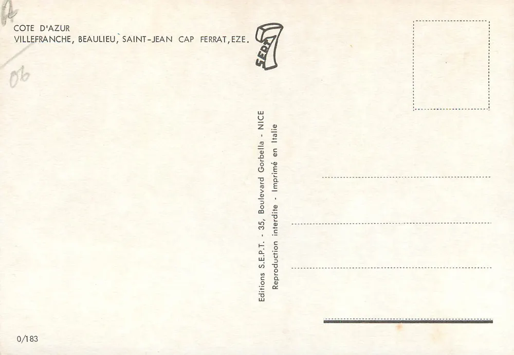 Villefranche, Eze, St-Jean-Cap-Ferrat, Beaulieu — Souvenir de la Côte d'Azur — Editions S.E.P.T. - Verso