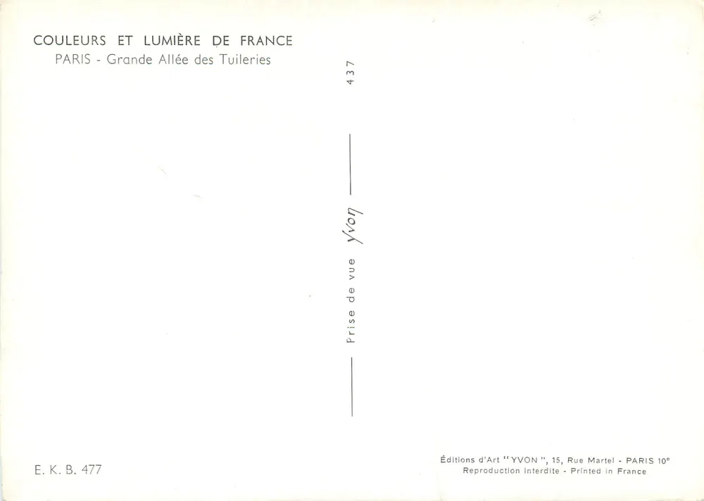 Grande Avenida das Tuileries — Paris — Edições de Arte YVON - Verso