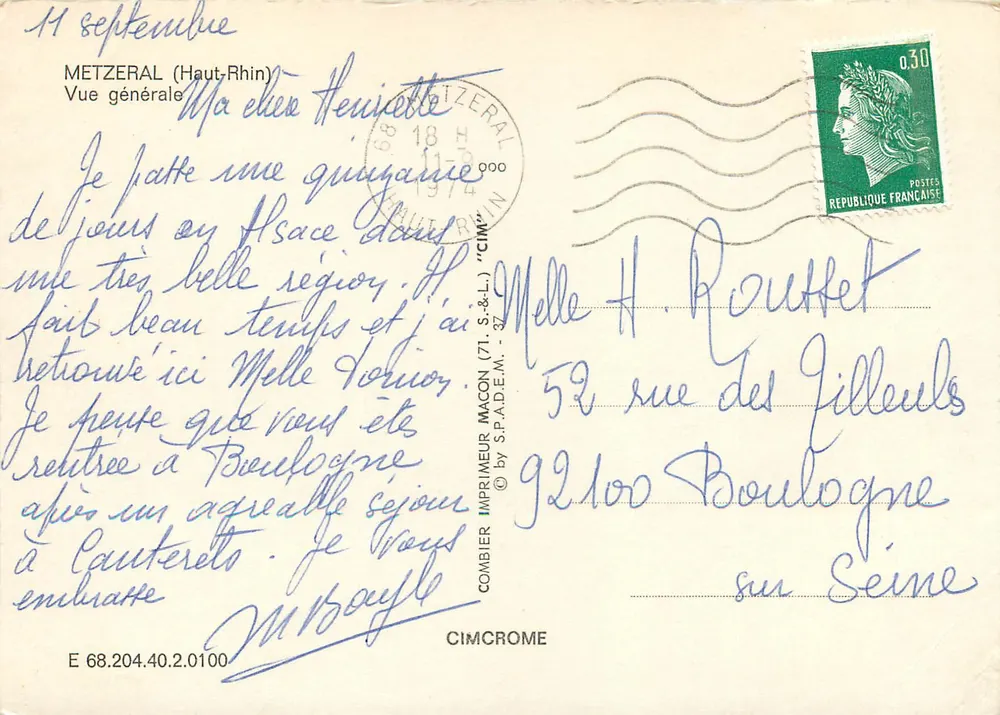 Metzeral (Haut-Rhin) — Visão geral — Impressor Combier (71, S.&L.) - Verso