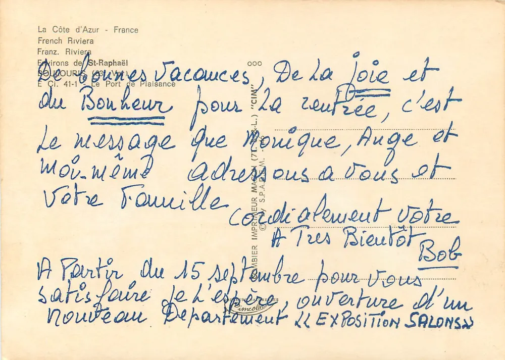 Port de plaisance à St-Raphaël — Côte d'Azur — éditeur CINY, n° 000 - Verso
