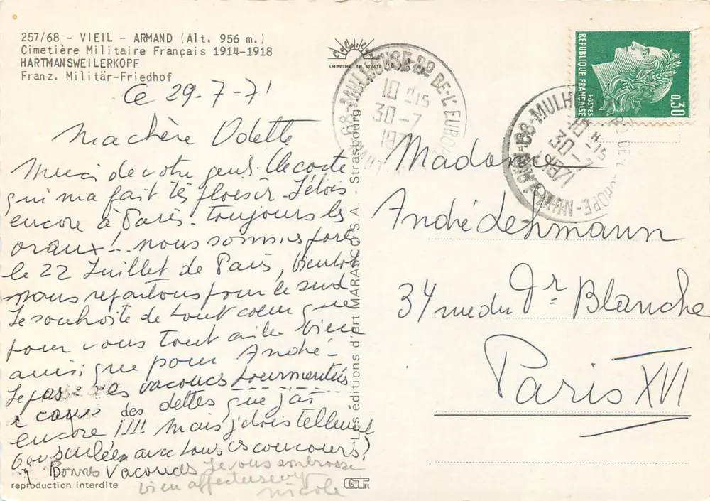 Cimetière Militaire Français — Hartmannsweilerkopf — éditions d'art MARASCO S.A. n°257/68 - Verso