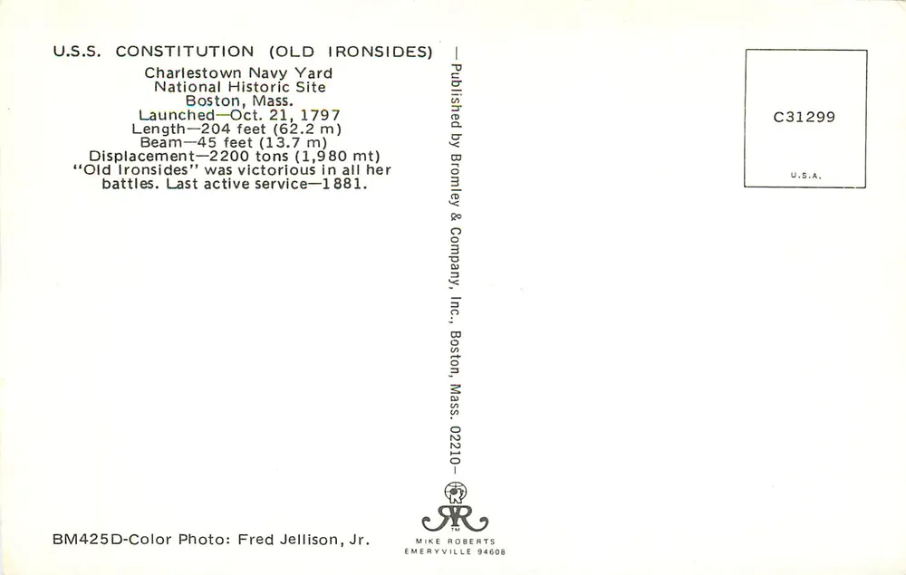 USS CONSTITUTION — Old Ironsides — Bromley & Company, Inc. 발행, 번호 C31299 - 뒷면
