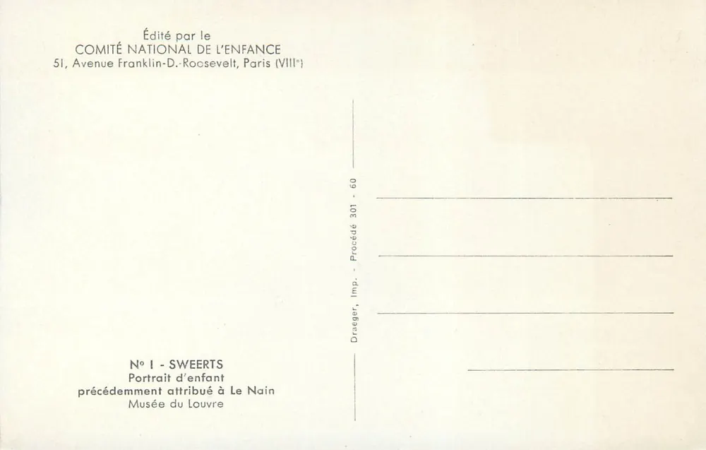 Retrato de criança — Le Nain — Editado pelo COMITÉ NATIONAL DE L'ENFANCE, Paris - Verso
