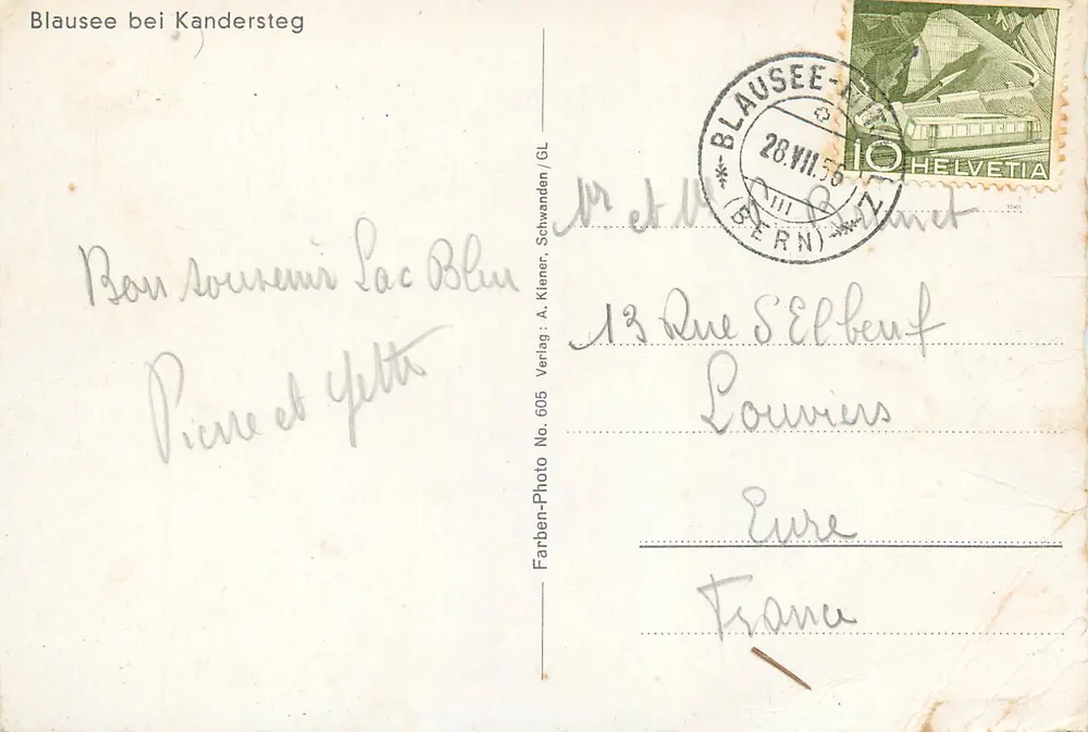 Blausee bei Kandersteg — Lac Bleu — Verlag A. Kloner, Schwanden / GL, No. 605 - Verso