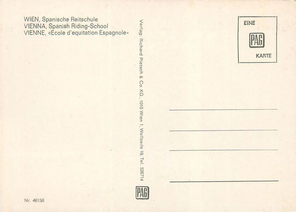 Viena — Escuela de equitación española — Verlag Richard Pietsch & Co. KG - Reverso