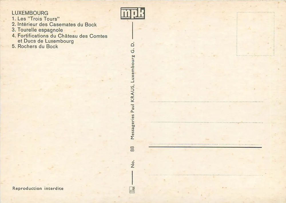 Luxemburgo — Casamatas do Bock — Messageries Paul Kraus - Verso