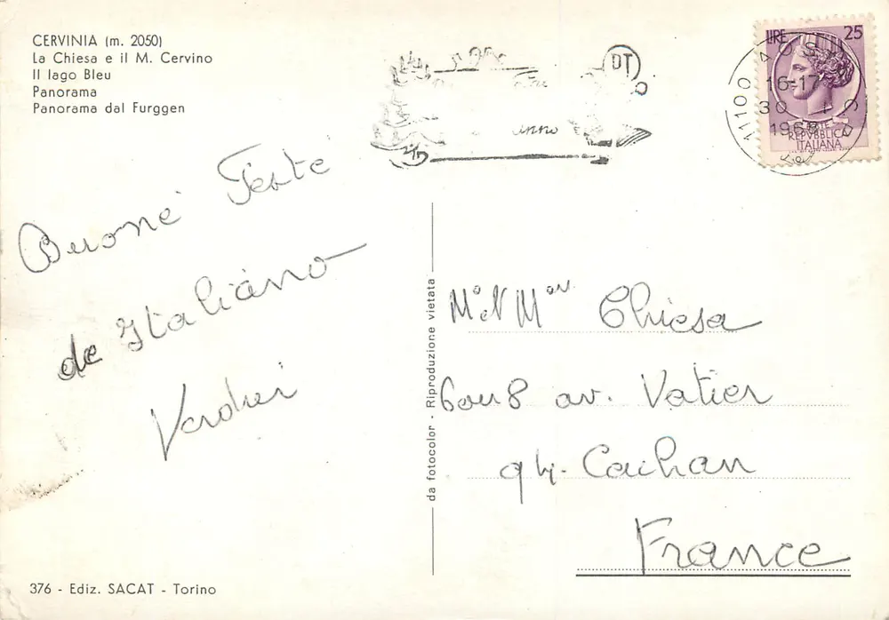 Cervinia — Saluti da Cervinia — Ediz. SACAT, n° 376 - Verso