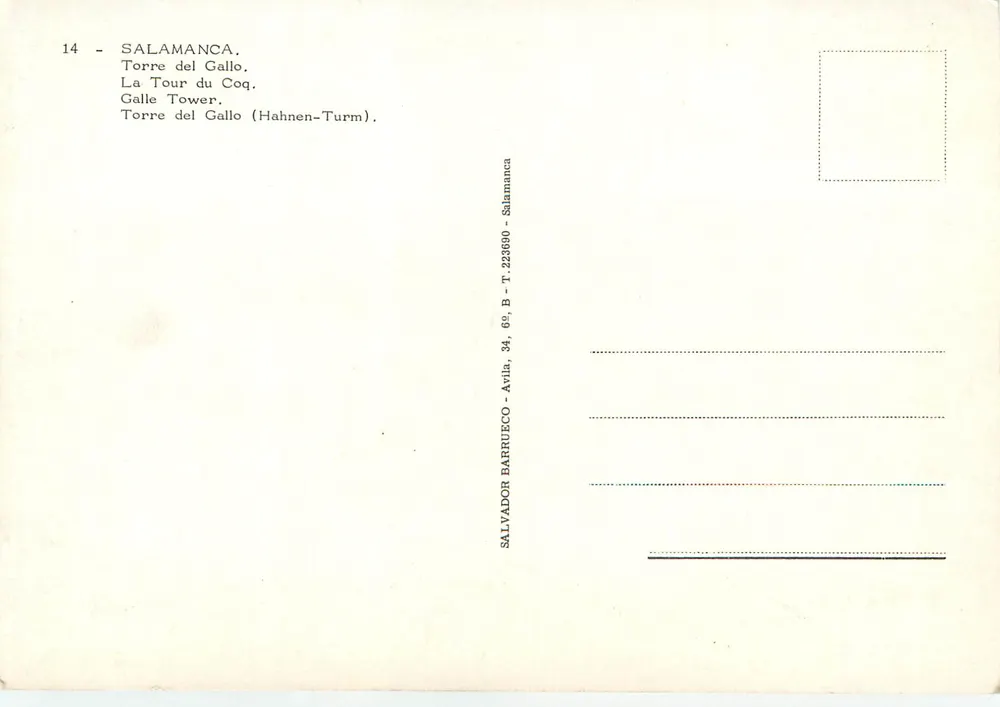 SALAMANCA — Torre del Gallo — Salvador Barrueco, Avilla, 34, 6º, B - T. 223690 - Verso