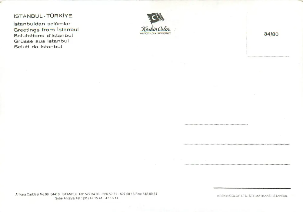Istambul — Taksim Abidesi, Sultanahmet Camii, Kiz Kulesi, Boğazici Rumelihisar — Keskin Color, n°34/80 - Verso