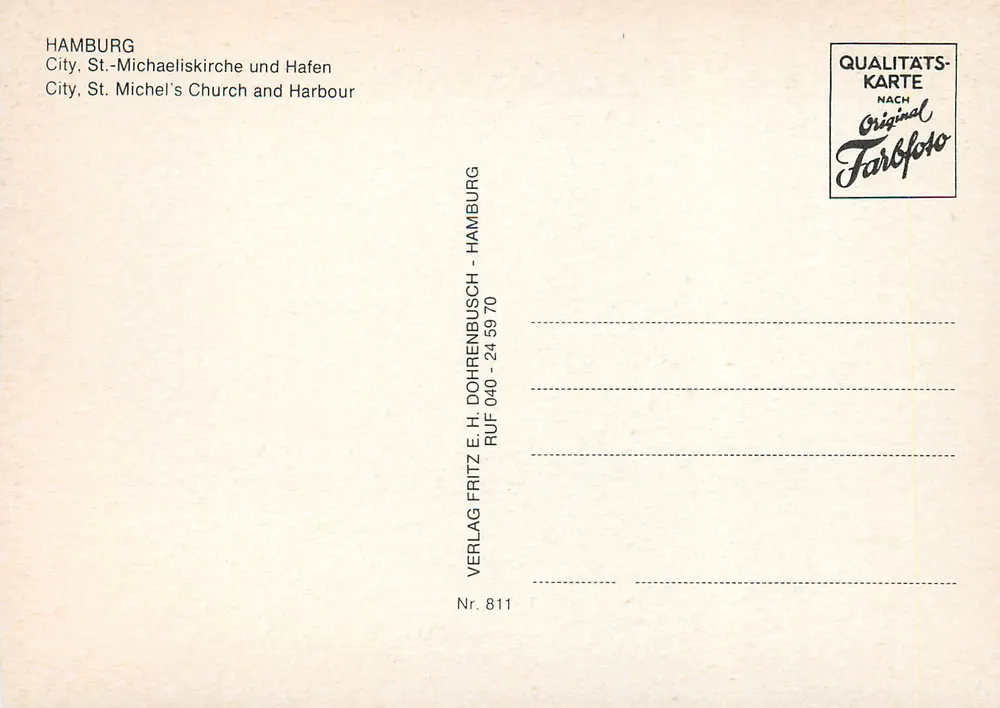 Hamburg — Stadt, St.-Michaeliskirche und Hafen — Verlag Fritz E.H. Dohrenbusch, Nr. 811 - Rückseite
