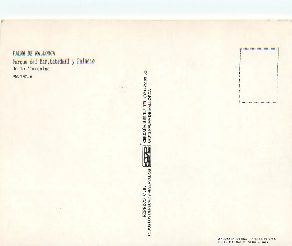 Palma de Mallorca — Cathédrale et Palais d'Almudaina — éditeur SYE, n° PM.150-A - Verso