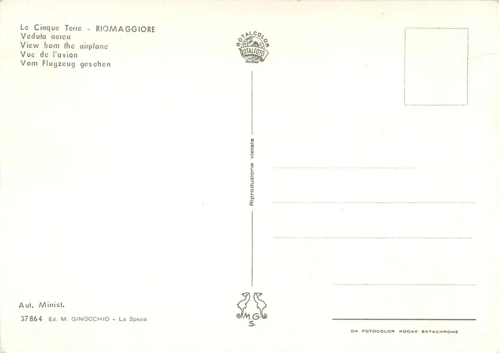 Cinque Terre - Riomaggiore — aerial view — publisher M. Ginocchio, La Spezia, n° 37864 - Back