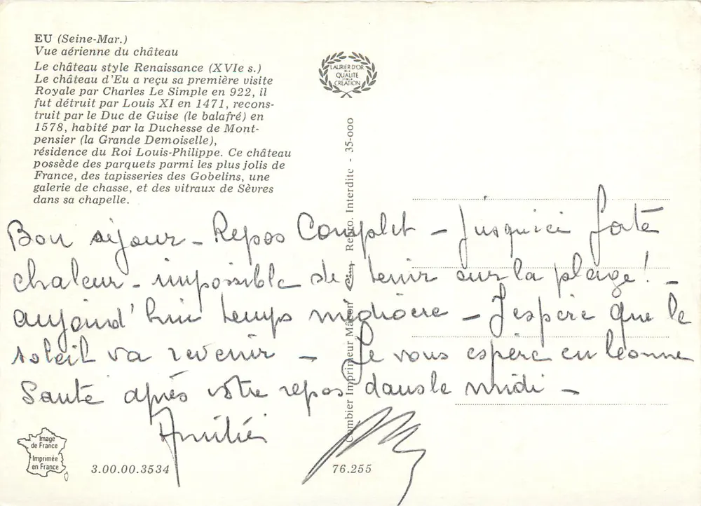 Castello di Eu — Vista aerea — Editore Cinq, n° 35-000 - Verso
