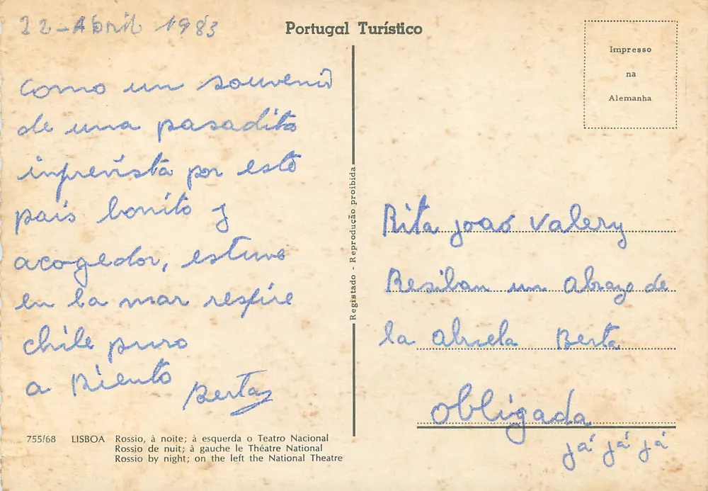 Lissabon nachts — Teatro Nacional links — Verlag Portugal Turístico, Nr. 755/68 - Rückseite