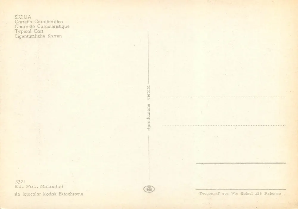 Sicília — Carroça típica — Ed. Fot. Malambri n°3321 - Verso