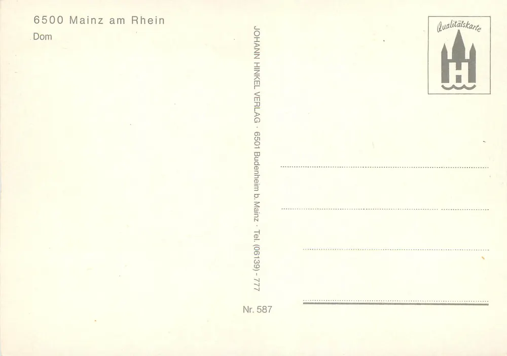 Mainz nad Rynem — Katedra — JOHANN HINKEL VERLAG, nr 587 - Rewers