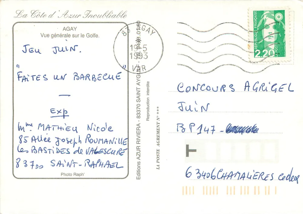 Agay — Vue générale sur le Golfe — Editions AZUR - 83370 Saint-Raphaël - Verso