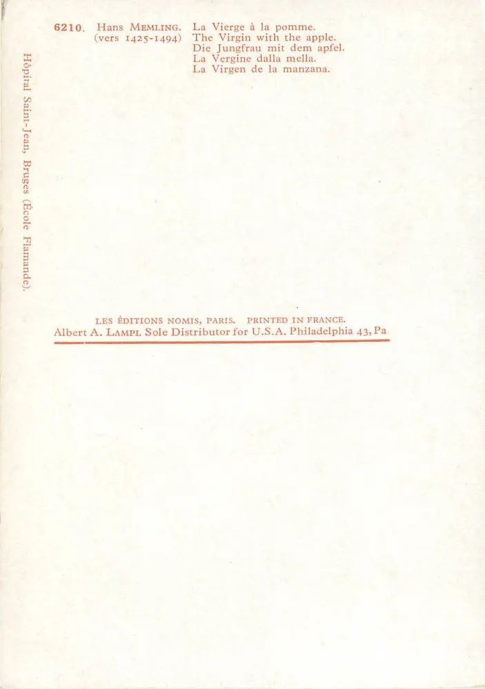 La Vierge à la pomme — Hans Memling (vers 1425-1494) — Les Éditions Nomis, Paris - Verso
