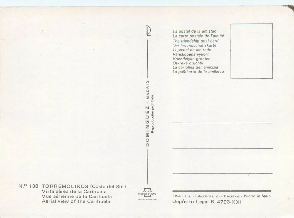 Torremolinos (Costa del Sol) — Luftbild von Carihuela — Verlag Dominguez - Madrid, n° 138 - Rückseite