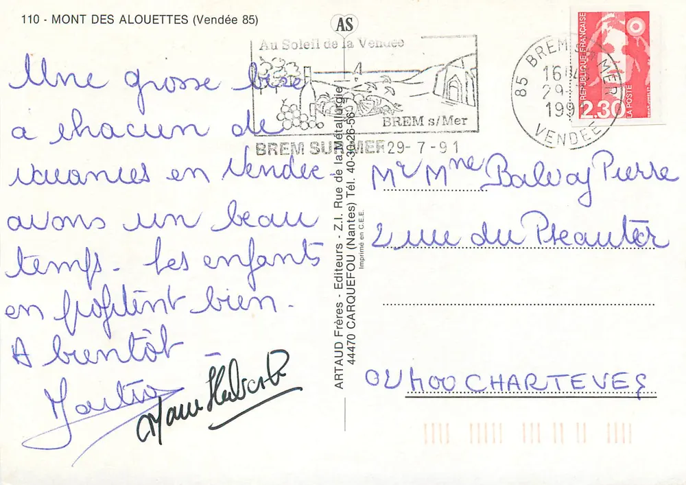 O Monte das Alouettes — Vendée — editor ARTAUD Frères - Verso