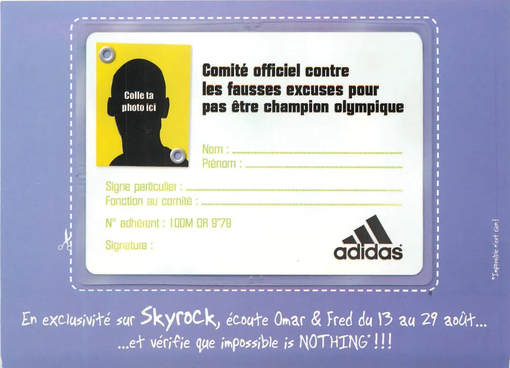 Offizieller Ausschuss gegen falsche Ausreden, um nicht Olympiasieger zu sein — Adidas, Skyrock, Omar & Fred - Vorderseite