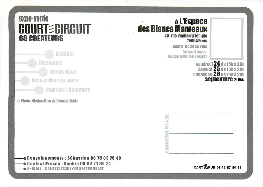Expo-Verkauf Circuit = Circuit — 68 Kreative — Espace des Blancs Manteaux, Paris - Rückseite