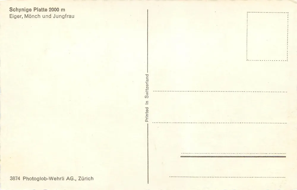 शाइनिगे प्लैटे 2000 मीटर — एईगर, मॉन्च और जंगफ्रू — फोटोग्लोब-वेहर्ली एजी, जूरिख - पीछे