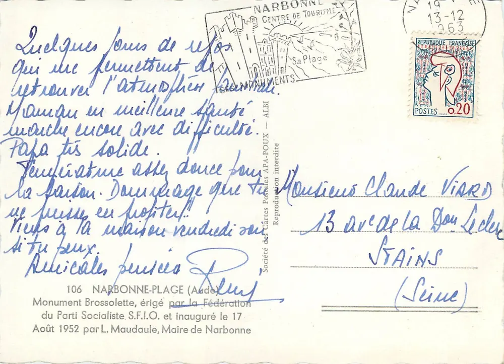 Monument Brossolette — Narbonne — editor Centro de Turismo Albi, n°106 - Verso