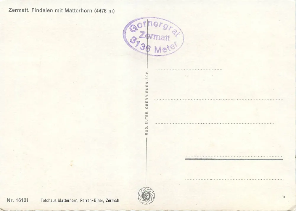 Zermatt. Findelen con Matterhorn (4476 m) — Photohaus Matterhorn, Perren-Biner, Zermatt — n° 16101 - Verso