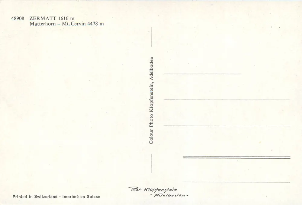Zermatt — vue du Matterhorn — éditeur Klopfenstein, n° 48908 - Verso