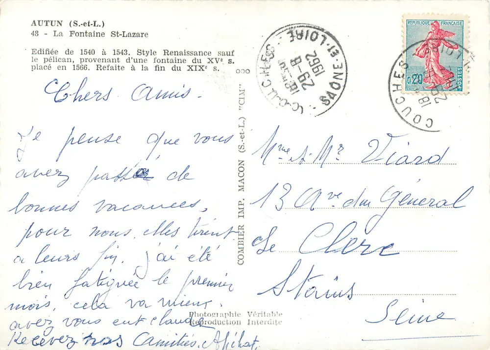 Autun (S.-et-L.) — La Fontaine Saint-Lazare — Combiér Imp. (S.-et-L.) - Verso
