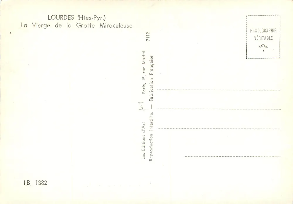 La Vierge de la Grotte Miraculeuse — Lourdes (Htes-Pyr.) — Éditions Martel - Verso