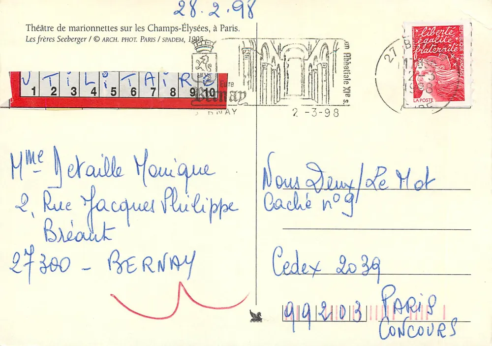 Théâtre de marionnettes sur les Champs-Élysées — Les frères Seeberger — éditeur SPADÈM, n° 10 - Verso