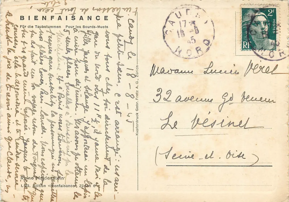 Ruínas de Haldenstein — Série « Bienfaisance », Zürich 6 — edição Kupferdruck Gebr. Fretz A.G. - Verso