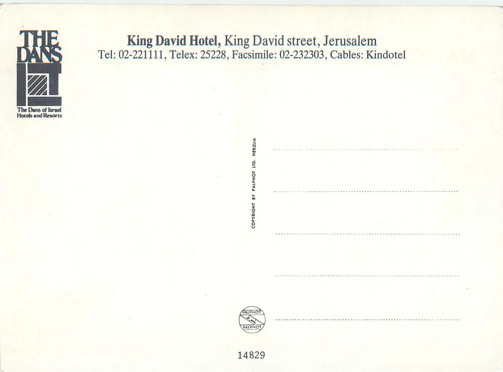Hotel David — Jerusalém — editor Palphot Ltd, n° 14829 - Verso