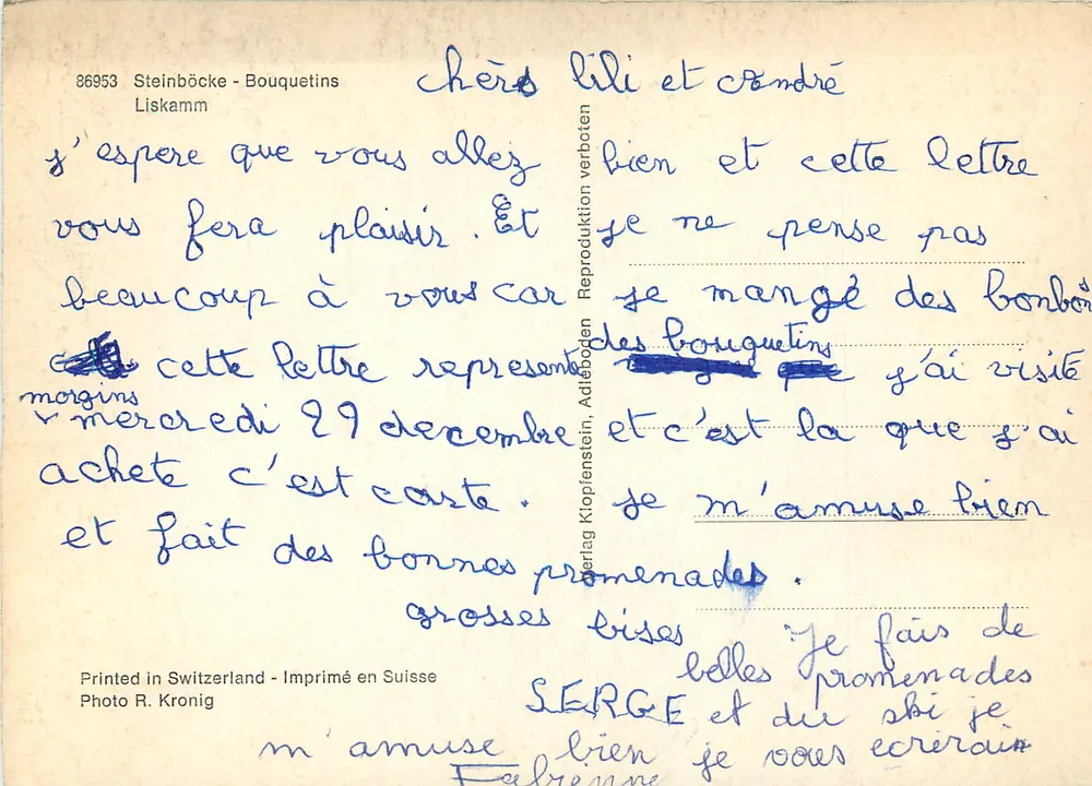Steinbôcke - Bouquetins - Liskamm — Impresso na Suíça, Foto R. Kronig, n° 36953 - Verso