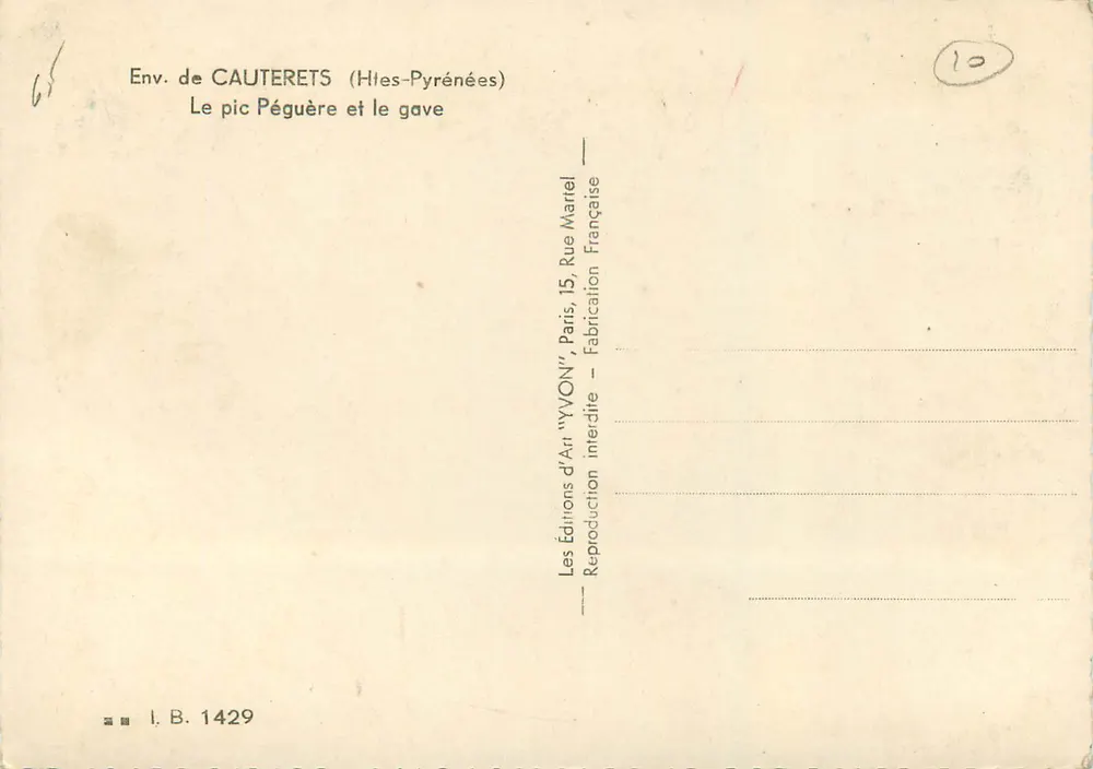 Env. de CAUTERETS (Htes-Pyrénées) — Le pic Péguère et le gave — Éditions d'Art YVON, Paris - Verso