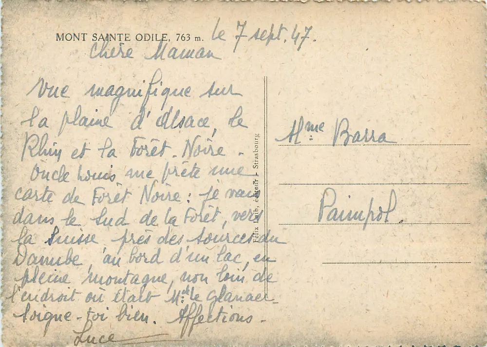 Monte Santa Odile — vista sobre a planície da Alsácia, o rio Reno e a Floresta Negra — Félix Laub, editor, Strasbourg - Verso