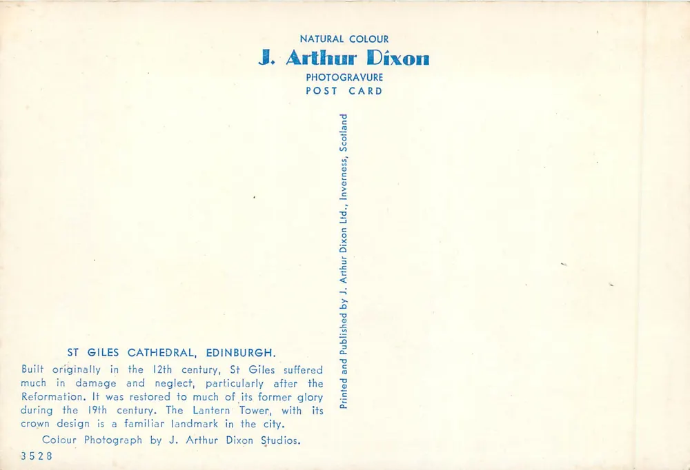 Catedral de St Giles, Edimburgo — J. Arthur Dixon, n° 3528 - Verso