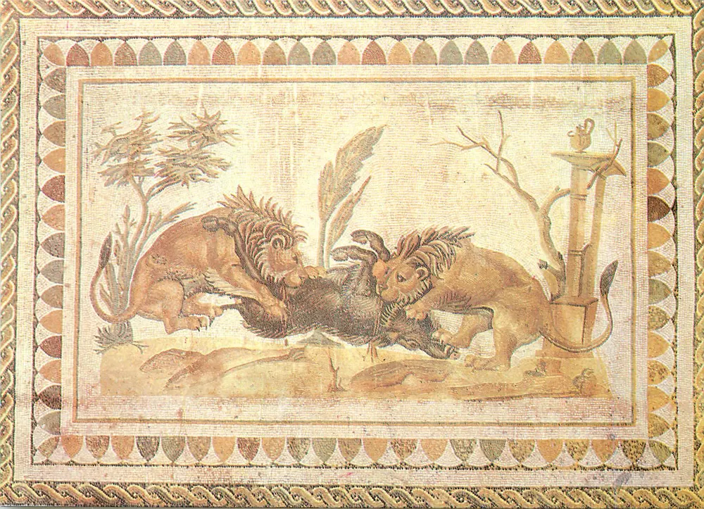 Leões devorando um javali — Museu de El Jem — Exposição «de Cartago a Kairouan» Paris 1982/83 - Frente
