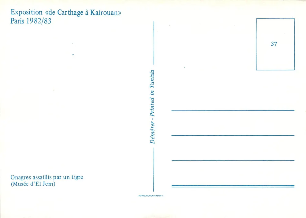 Onagros atacados por una tigre — Museo de El Jem — Exposición «de Cartago a Kairouan» París 1982/83 - Reverso
