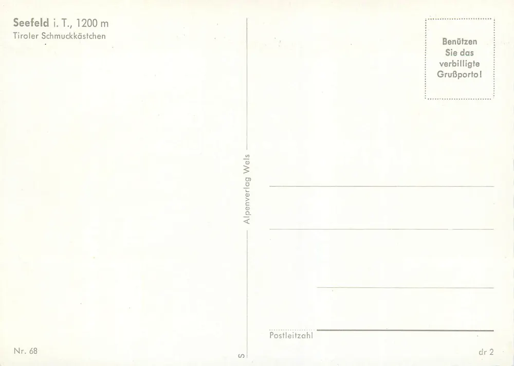 Seefeld i. T., 1200 m — Tiroler Schmuckkästchen — Alpenverlag Wels No. 68 - Back