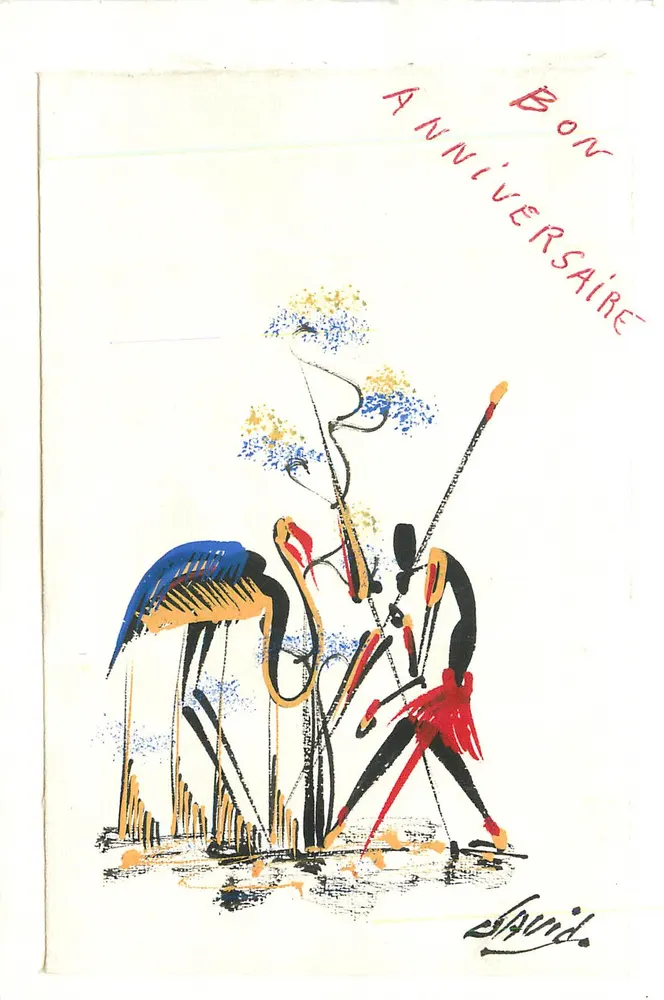 Flamants roses et chasseur — illustration stylisée — éditeur non visible, signé David - Recto
