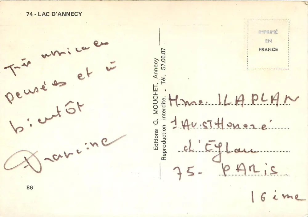 Lago de Annecy — vista panorâmica com teleférico — Éditions G. MOUCHET, Annecy, n°74 - Verso